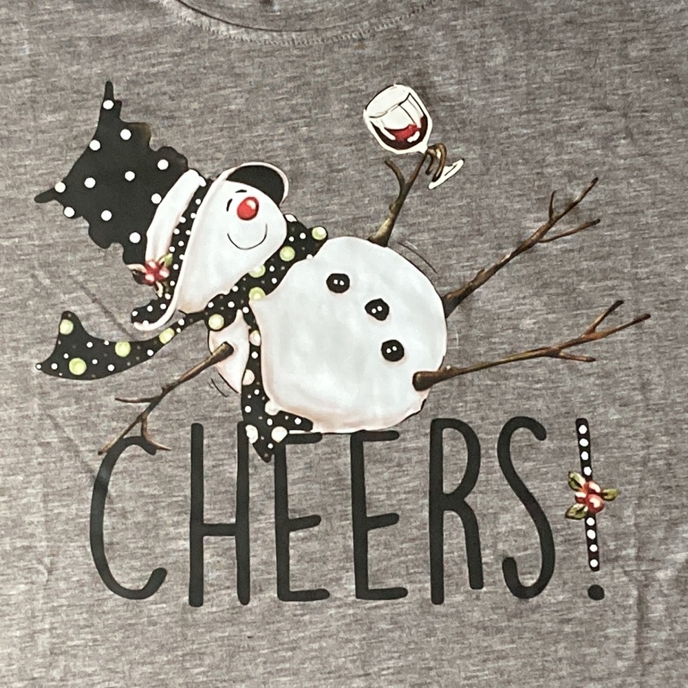 Christmas Snowman Cheers Print T-shirt Casual Short Sleeve Crew Neck Gray 8/10 - Picture 3 of 12